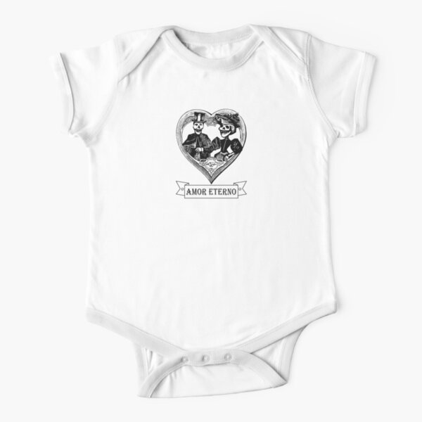 Amor Eterno | Eternal Love | Day of the Dead | Dia de los Muertos | Skulls and Skeletons | Vintage Skulls | Vintage Skeletons | Black and White | Short Sleeve Baby One-Piece