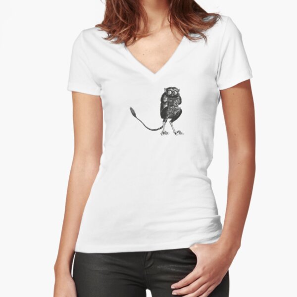Say Cheese! | Tarsier with Vintage Camera | Bellows Camera | Black and White | Anthropomorphic | Fitted V-Neck T-Shirt