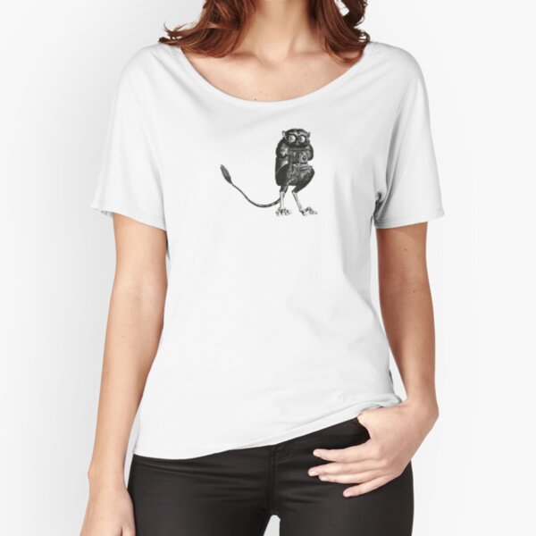 Say Cheese! | Tarsier with Vintage Camera | Bellows Camera | Black and White | Anthropomorphic | Relaxed Fit T-Shirt