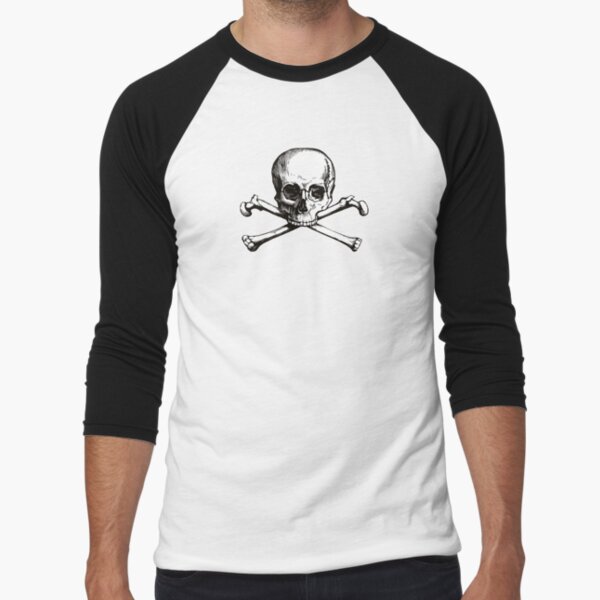 Skull and Crossbones | Jolly Roger | Pirate Flag | Deaths Head | Black and White | Skulls and Skeletons | Vintage Skulls | Baseball ¾ Sleeve T-Shirt