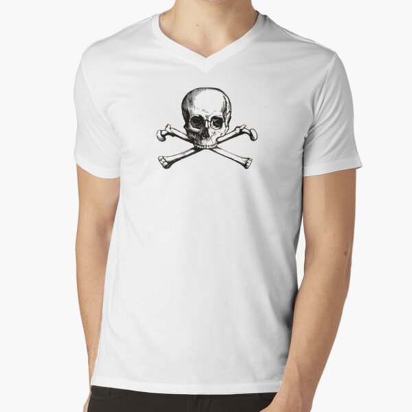 Skull and Crossbones | Jolly Roger | Pirate Flag | Deaths Head | Black and White | Skulls and Skeletons | Vintage Skulls | V-Neck T-Shirt