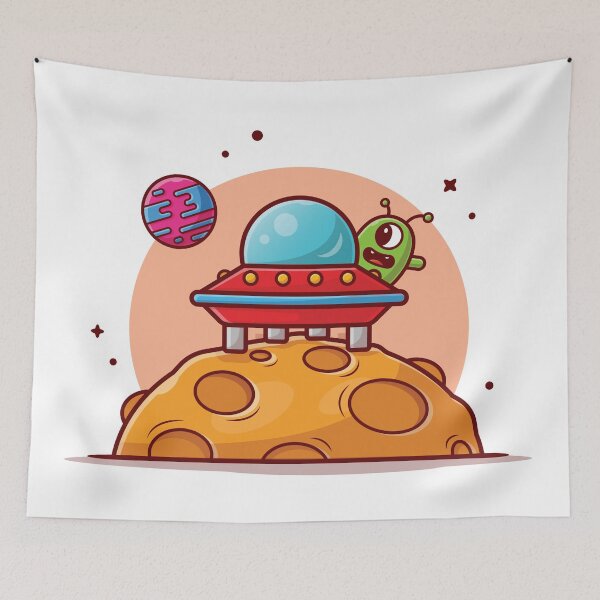 Item preview, Cute Alien UFO Spaceship Landed Moon Cartoon Icon Illustration designed and sold by Peekonet.