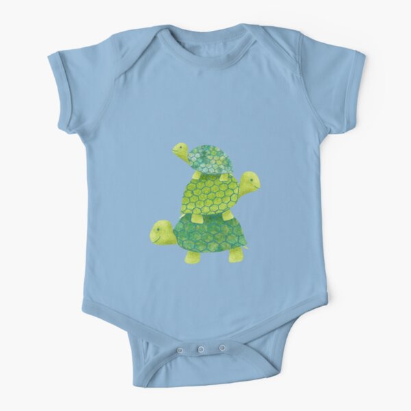Cute Turtle Stack in Teal, Lime Green and Turquoise Short Sleeve Baby One-Piece