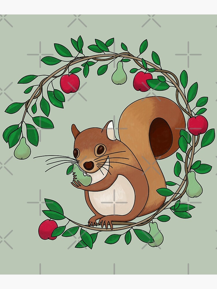 "Cottagecore Squirrel Eating Pears and Apples Embroidery style wreath