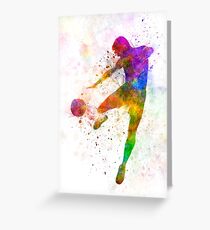 man soccer football player flying kicking Greeting Card