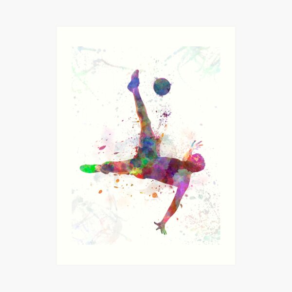 man soccer football player flying kicking Art Print