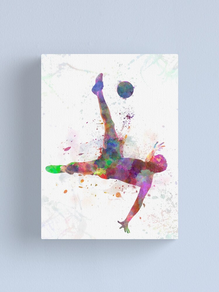 Thumbnail 1 von 3, Leinwanddruck, Mann Fußball Fußballspieler fliegend treten designt und verkauft von paulrommer.