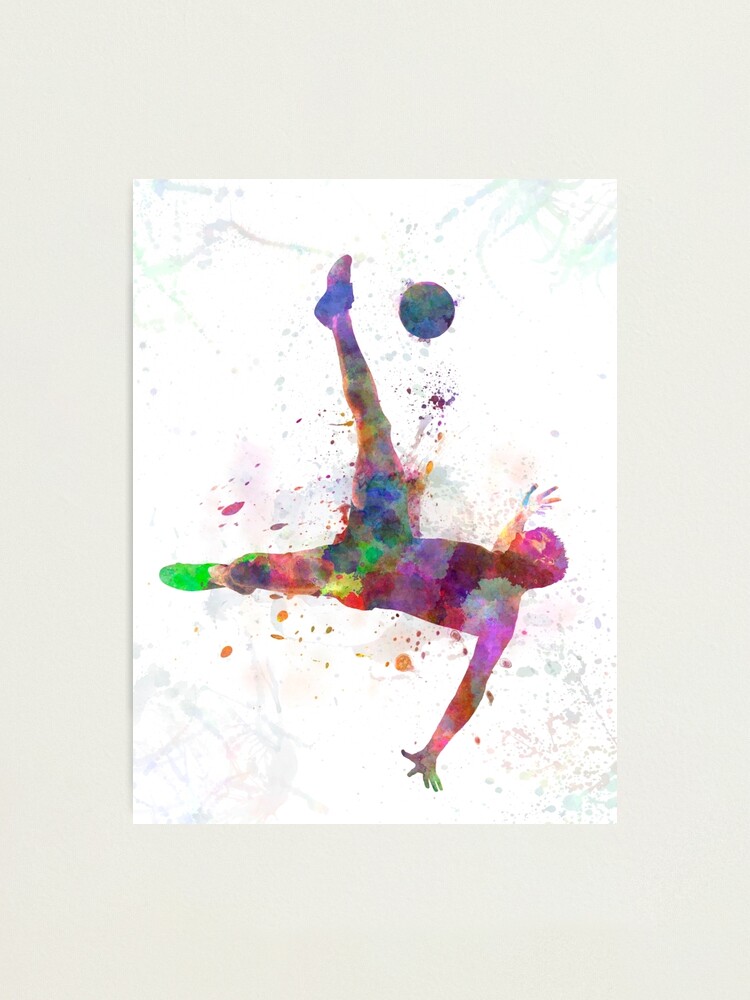 Alternate view of man soccer football player flying kicking Photographic Print