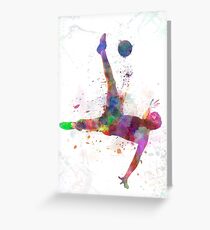 man soccer football player flying kicking Greeting Card