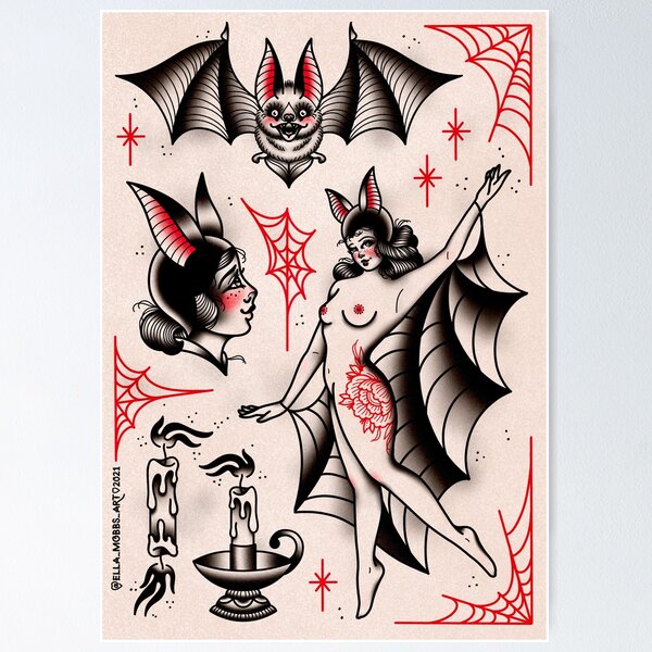 Item preview, Bat Lady Classic Cute Traditional Tattoo Flash Style Print designed and sold by Ella Mobbs.