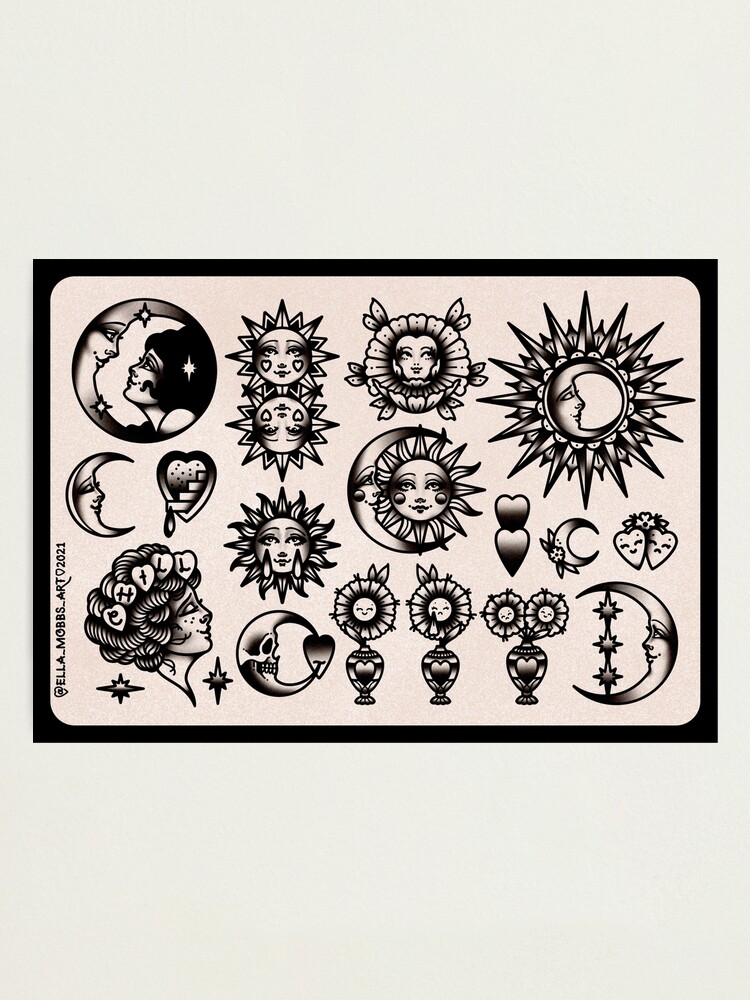 Chill Sun And Moon Classic Cute Traditional Tattoo Flash Style Print
