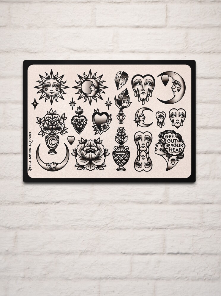 Moons and Minds Classic Cute Traditional Tattoo Flash Style Print" Metal Print for Sale by Ella Mobbs