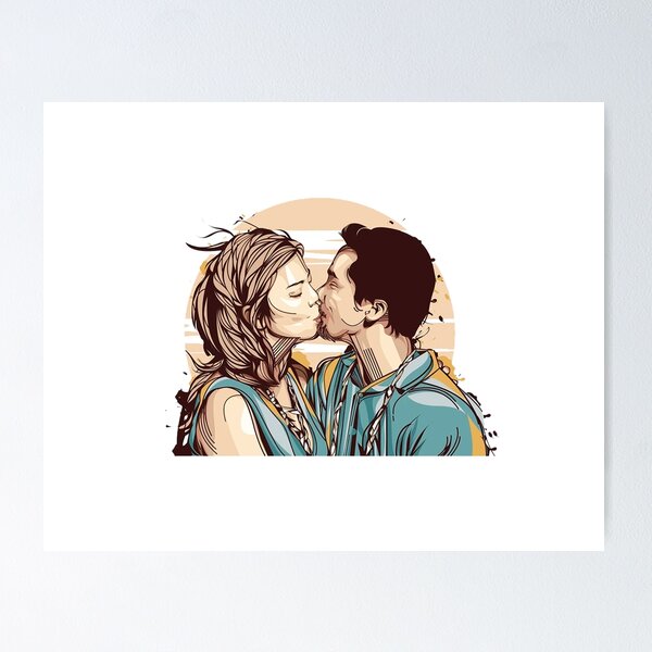 Romantic drawing of a kiss on the cheek. Cute couple sketch. Poster