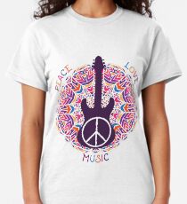 Hippie peace symbol. Peace, love, music sign and guitar on ornate colorful mandala background. Classic T-Shirt