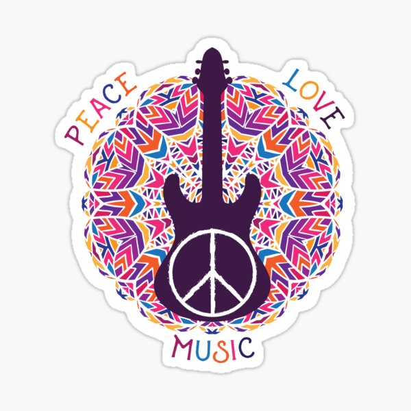 Hippie peace symbol. Peace, love, music sign and guitar on ornate colorful  mandala background.