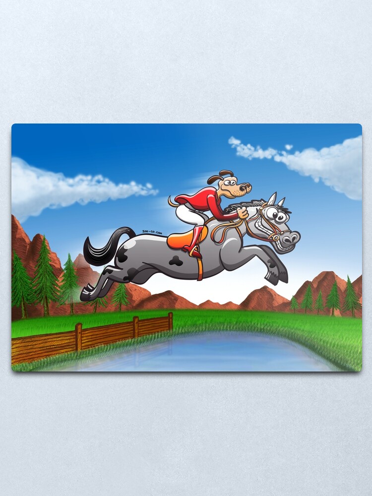 Reitender Springender Hund Der Ein Pferd Reitet Metallbild Von Zoo Co Redbubble