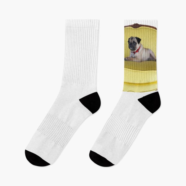 Item preview, Daisy Pug: Puppy Dog Sitting On Yellow Sofa –  designed and sold by L.E. Wilson.