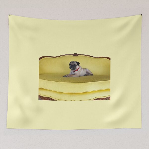 Item preview, Daisy Pug: Puppy Dog Sitting On Yellow Sofa –  designed and sold by L.E. Wilson.