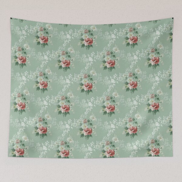 Item preview, Vintage Shabby Chic Pastel Mint Sage Green with White Floral and Pink Roses Watercolor designed and sold by kmcs.