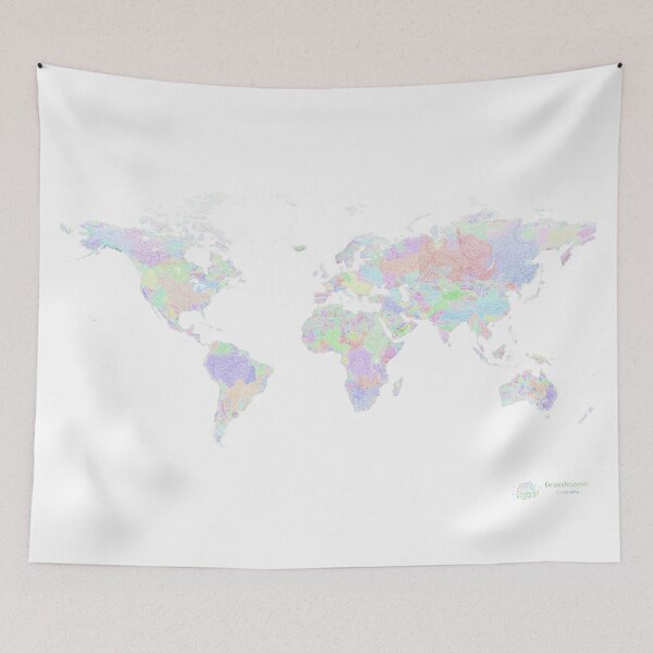Item preview, River Basin Map of the World in Rainbow Colours with White Background designed and sold by GrasshopperGeo.