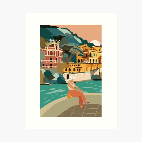 Portofino Italy  Vintage Illustrated Travel Poster Print Framed Canvas 