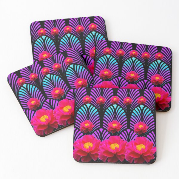Item preview, BLACK COLOR FUCHSIA PEONY BLUE PATTERN DECO ART designed and sold by sharlesart.