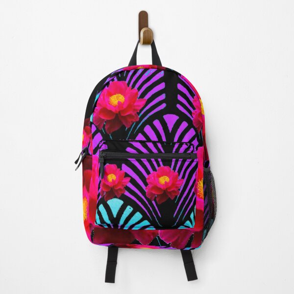 Item preview, BLACK COLOR FUCHSIA PEONY BLUE PATTERN DECO ART designed and sold by sharlesart.