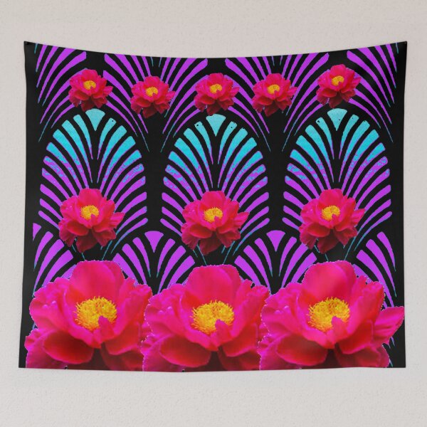 Item preview, BLACK COLOR FUCHSIA PEONY BLUE PATTERN DECO ART designed and sold by sharlesart.