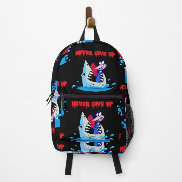 Item preview, Never give up. Cartoon, shark fighting with woodpecker. designed and sold by Rui Valverde.