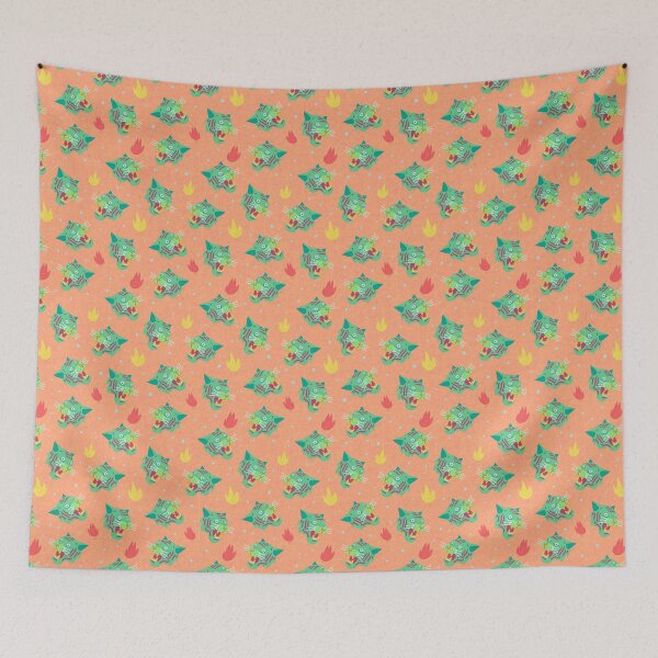 Item preview, pattern with green roaring tigers on a peach background designed and sold by Julia Bogatyreva.