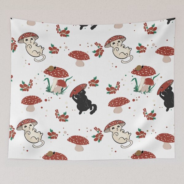 Item preview, White- mushrooms, cat, and friends designed and sold by moda-M.