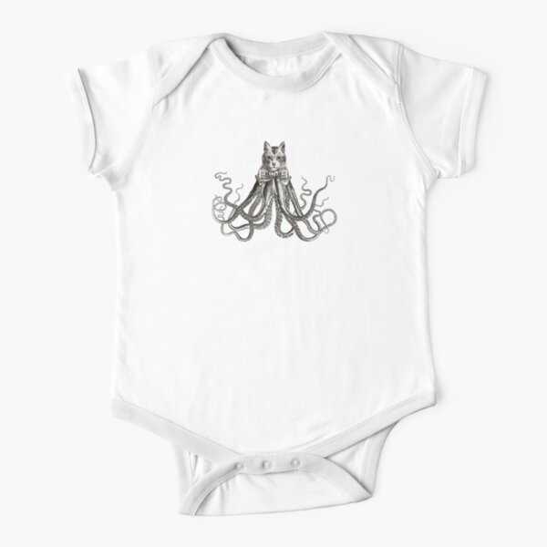 Octopussy | Half Cat Half Octopus | Hybrid Animals | Vintage Style | Black and White |  Short Sleeve Baby One-Piece