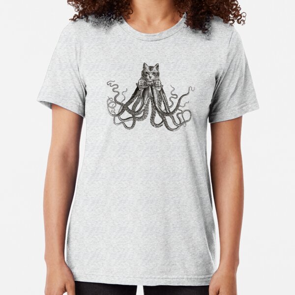 Octopussy | Half Cat Half Octopus | Hybrid Animals | Vintage Style | Black and White |  Tri-blend T-Shirt