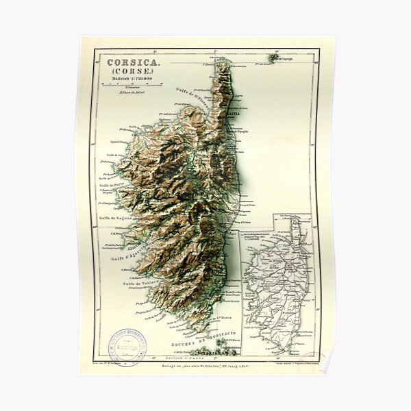 1871 Carte de la Corse - France rendu numérique 3D Poster