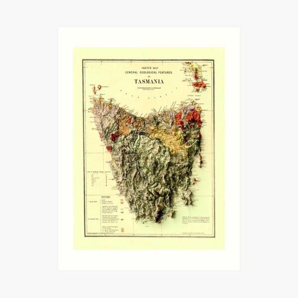 1884 Tasmania Geological Map 3D digitally-rendered Art Print