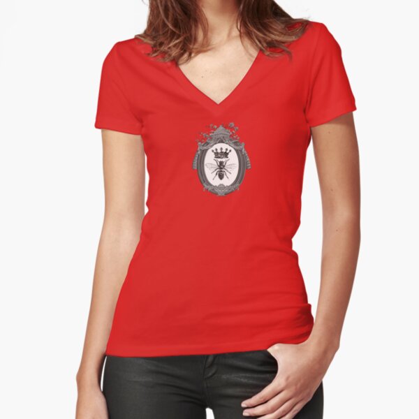 Queen Bee Pattern | Vintage Honey Bees | Black, White and Grey | Fitted V-Neck T-Shirt