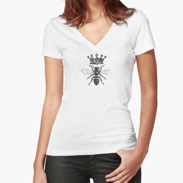 Queen Bee | Vintage Honey Bees | Black and White |  Fitted V-Neck T-Shirt