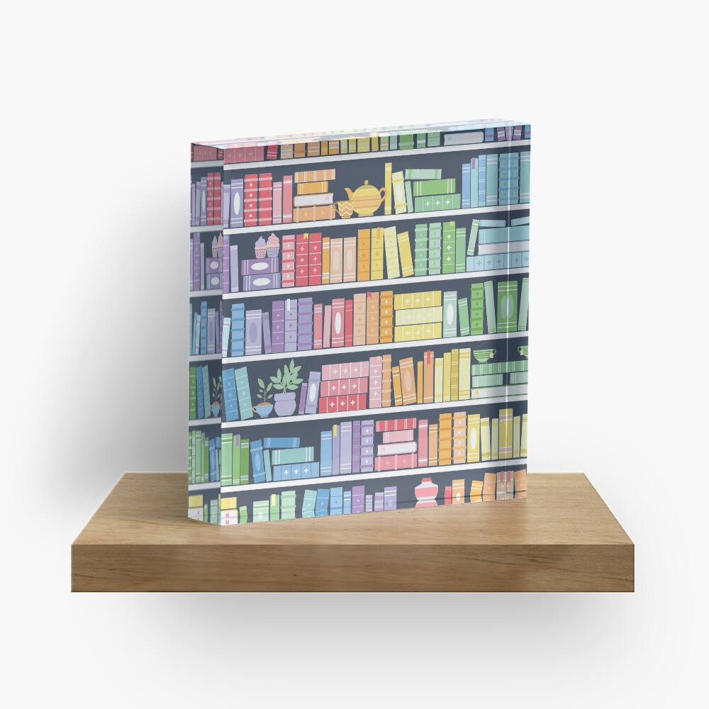 Rainbow Books Shelf Pattern (Black Background) Acrylic Block