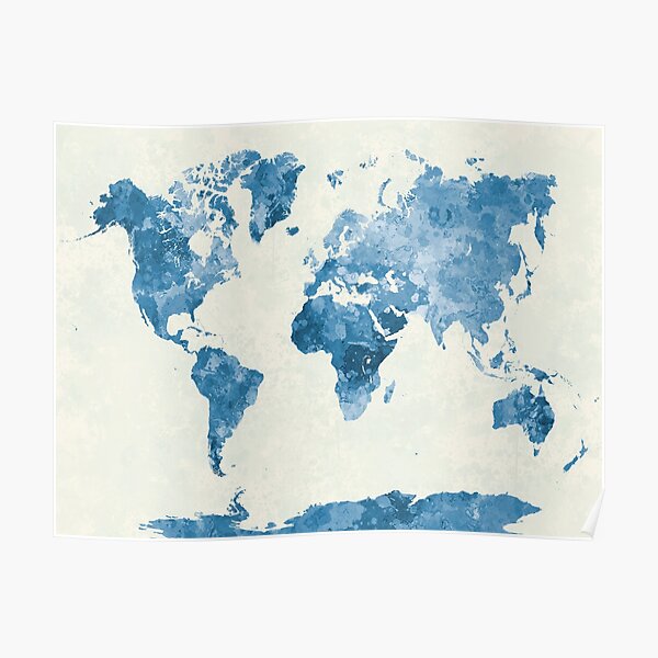 Carte du monde en aquarelle bleue Poster