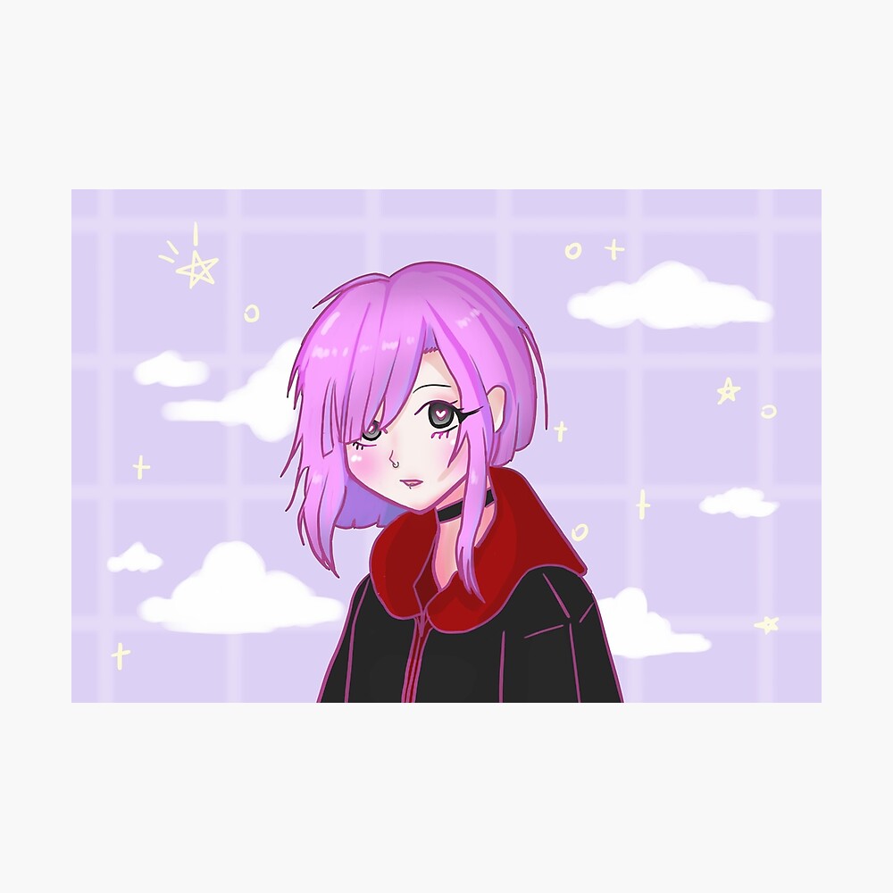 Kawaii Cute Emo Anime Girl with Aesthetic Background, Digital Drawing