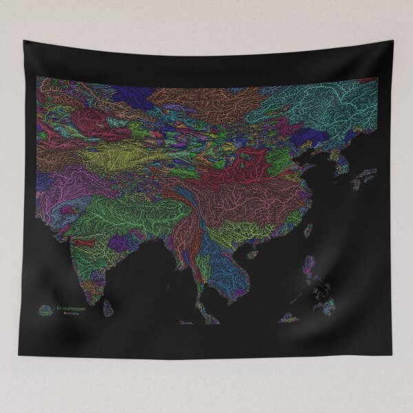 Item preview, India and China River Basin Map in Rainbow Colours with Black Background designed and sold by GrasshopperGeo.