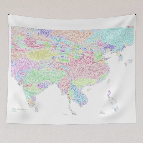 Item preview, India and China River Basin Map in Rainbow Colours with White Background designed and sold by GrasshopperGeo.