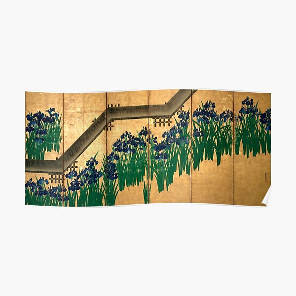 "Irises at Yatsuhashi Eight Bridges, Nanban Sreen decoration" Poster