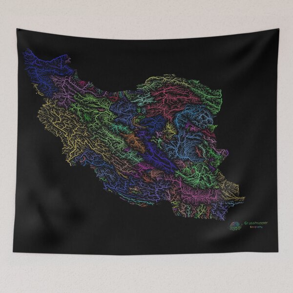 Item preview, Iran River Basin Map in Rainbow Colours with Black Background designed and sold by GrasshopperGeo.