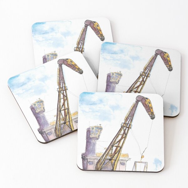 Item preview, Watercolor hand drawn sketch illustration of loading crane on the river art designed and sold by FuzzyLogicKate.