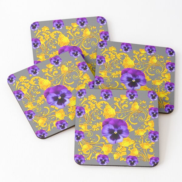 Item preview, PURPLE PANSIES GOLD FANTASY GOLD FLORAL PATTERN GREY ART designed and sold by sharlesart.