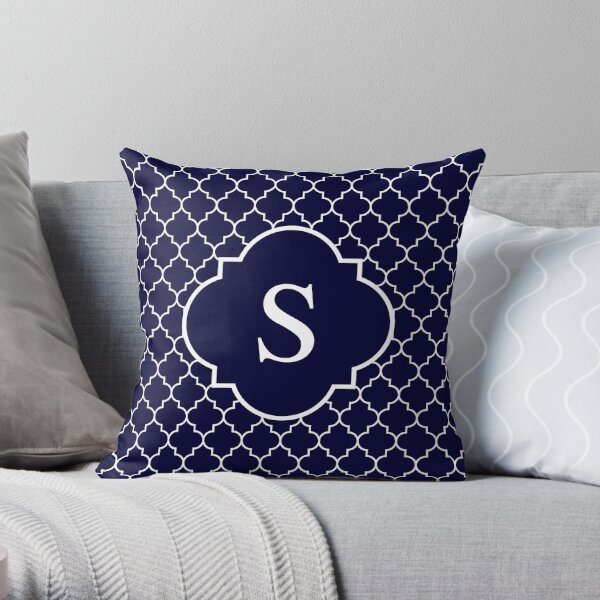White & Blue Plaid-Border Monogram Decorative Pillow