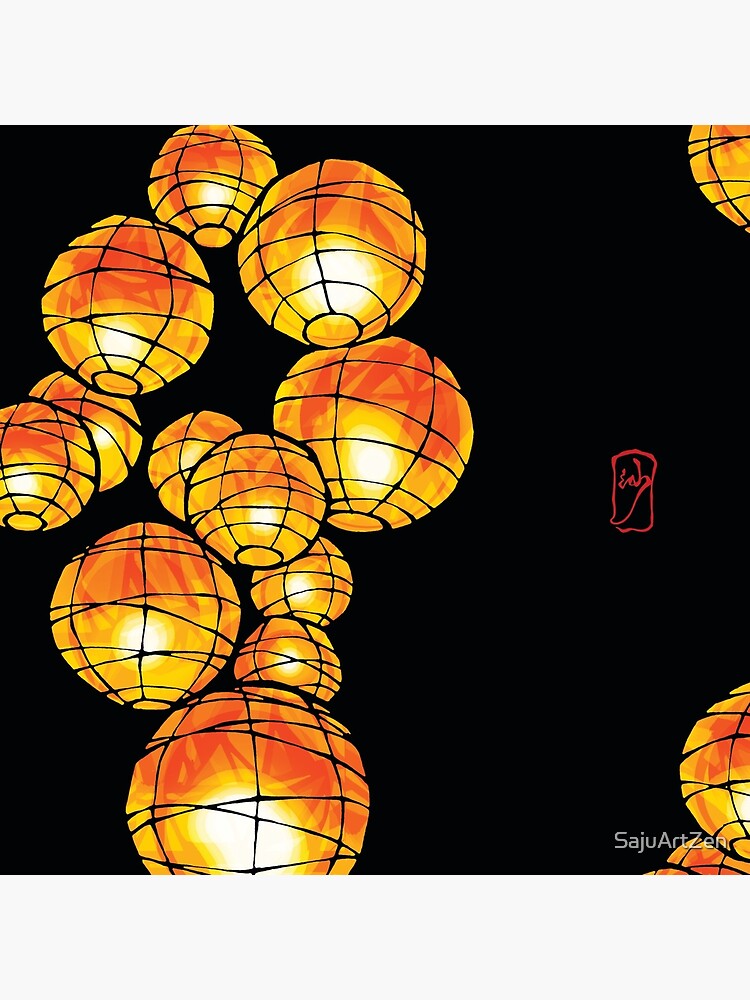 Thumbnail 2 of 2, Tote Bag, Paper Lanterns - gentle heartwarming lights, red stamp is my calligraphy logo in Japanese designed and sold by SajuArtZen.