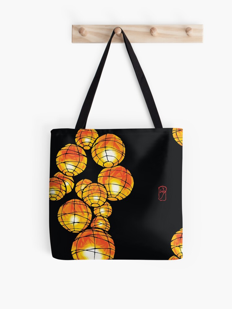 Thumbnail 1 of 2, Tote Bag, Paper Lanterns - gentle heartwarming lights, red stamp is my calligraphy logo in Japanese designed and sold by SajuArtZen.