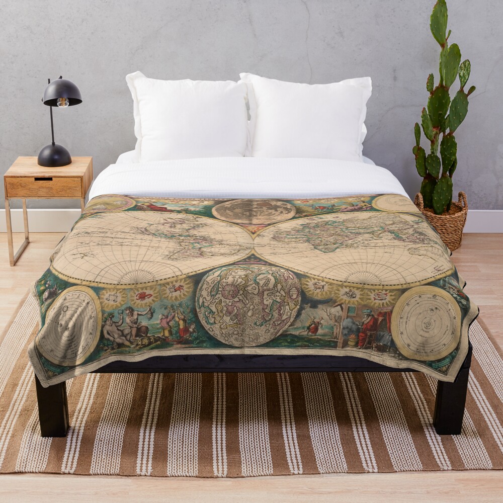 Vintage Map of The World (1672) 2 Throw Blanket